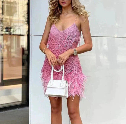 Fringe Mini Dress Linen Slip Party Evening Summer