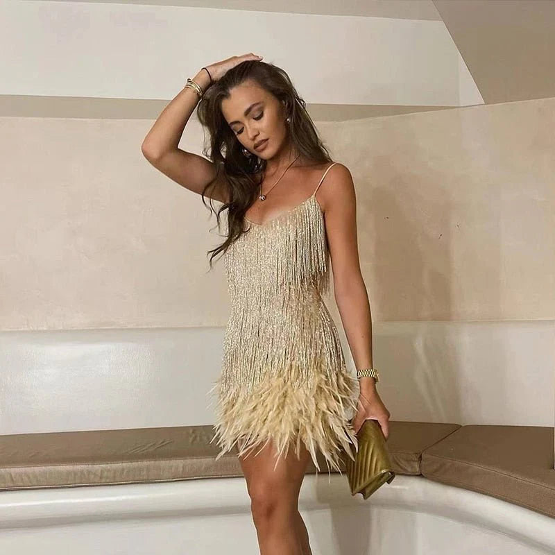 Fringe Mini Dress Linen Slip Party Evening Summer
