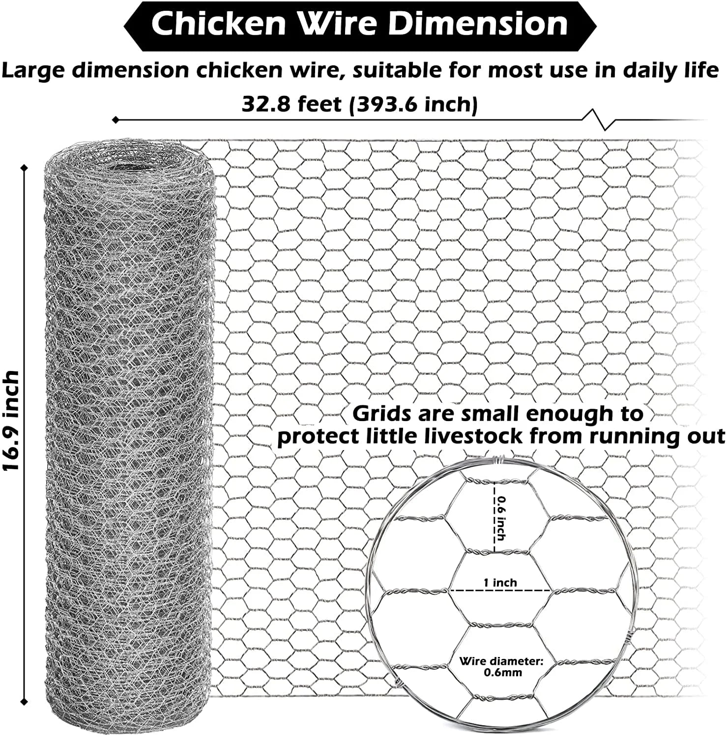 Chicken Wire Fencing Mesh 16.9Inx32.8Ft, 0.6'' Fences Hexagonal Silver Landscape
