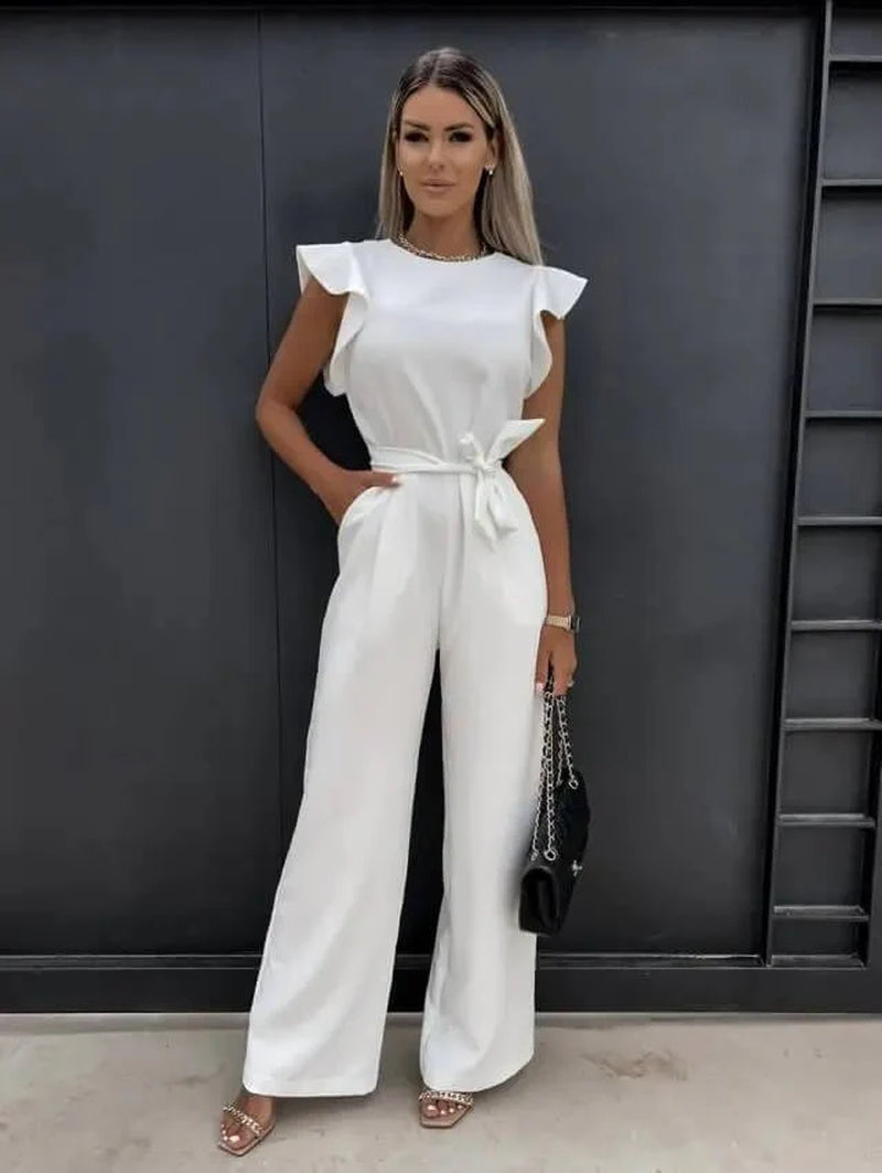 Jumpsuit Linen Blend Wide Leg Belted Summer One Piece